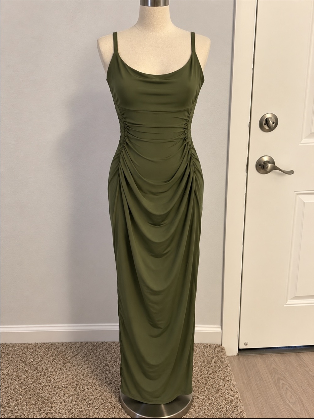 Madeline Olive Green Ruched Slip Maxi Dress